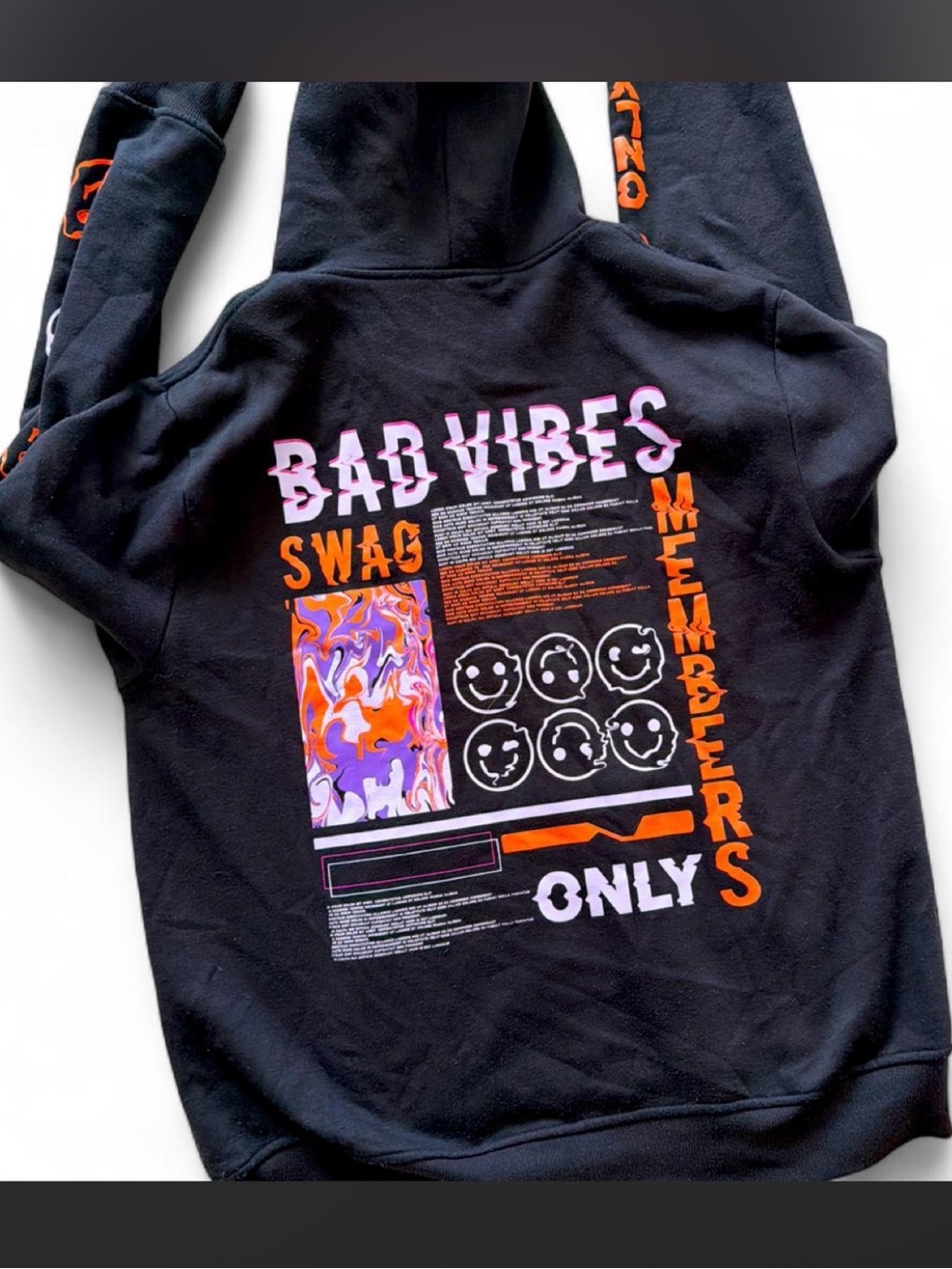 Members Only Black Hoodie with Neon Orange & Pink Graphics